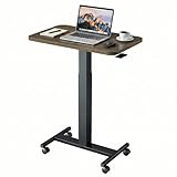 HUANUO Small Rolling Laptop Standing Desk, Height Adjustable Mobile T-Base Desk with Lockable Casters, Portable Sit-Stand Workstation for Bedside & Sofa, Walnut