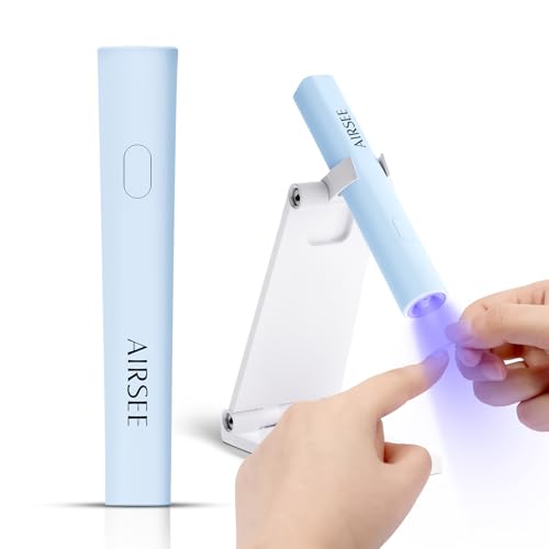 AIRSEE Mini Handheld UV Light with Stand Portable Rechargeable Nail Lamps 2 Timers for Fast Nail Extension Rhinestone Glue Decoration Gel Strips at Home Travel(Blue)