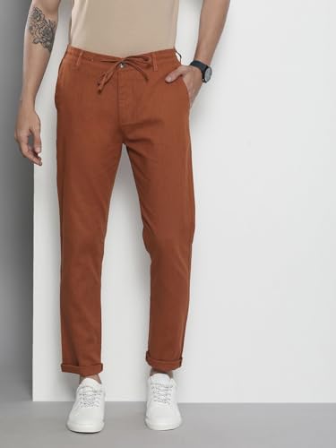 Image of The Indian Garage Co Men Slim Fit Solid Mid-Rise Elasticated Linen Trousers