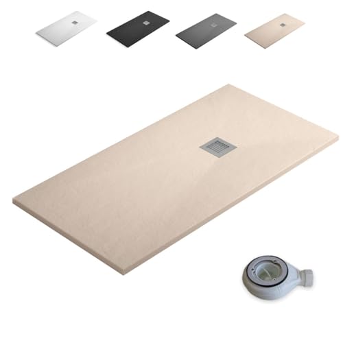 Plato de Ducha de Resina Extraplano Antideslizante | Valvula de Desague y Rejilla | Pizarra Suave | Beige | 70 X 110 cm