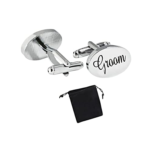 Virens Empourium Mens Wedding Cufflinks SILVER OVAL Cufflink Groom Best Man Usher Page Boy and Many More Titles Gift Pouch with Every Pair of Cuff Link (Groom)