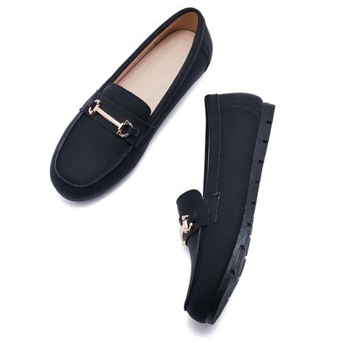 Image of Genuine Leather Loafers for Women Driving Moccasins Business Casual Work Shoes Comfortable & Lightweight Womens Dress Flats Slip On Shoes