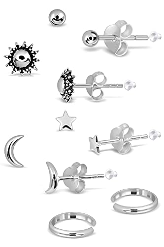 Adeley 5 Pairs Sterling Silver Star Earrings, Moon Earrings, Sun Earrings, 3mm Ball Earrings and Ear Cuff Earrings for Women, Star and Moon Earrings, Sun and Moon Earrings, Sun Moon Earrings