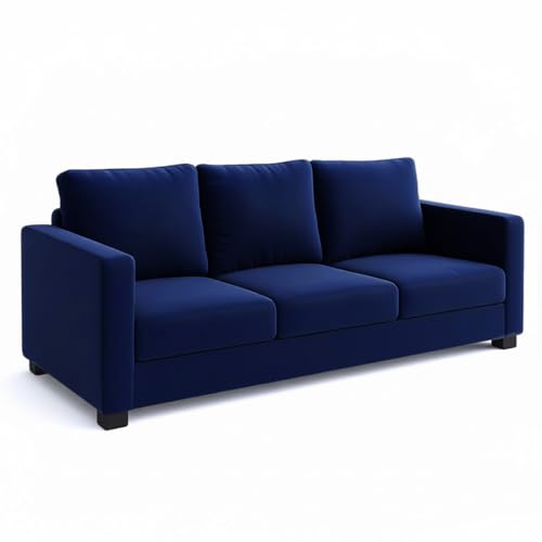Image of FURNY Haster 3 Seater Fabric Sofa (Dark Blue) Premium Velvet Finish Durable & Comfortable Ideal for Living Room
