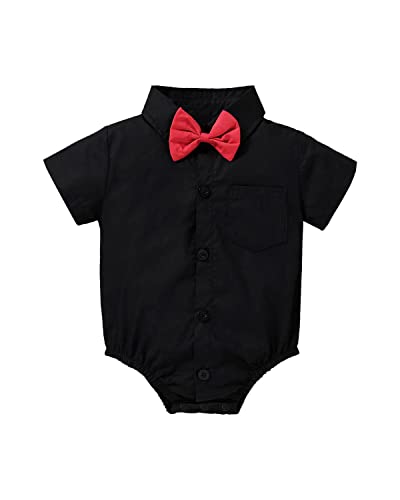 Yruiz Baby Boy's Button-Down Shirt Newborn Jumpsuit Short Sleeved One-Piece Gentleman Outfit (Short Black, 9-12Months)