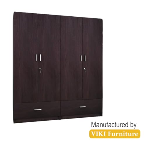 Image of VIKI Wardrobe | Wooden Almirah for 4 Door Wardrobe with 2 Split Drawer & Hanging Space (Dark Wenge - 40D x 160W x 180.8H) | 1 Year Warranty | Free Assembly