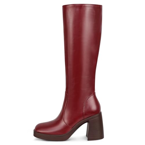 Image of SOVANYOU Black Leather Boots Platform Boots for Women Fashion Square Toe Chunky Block Heeled Boots Side Zip