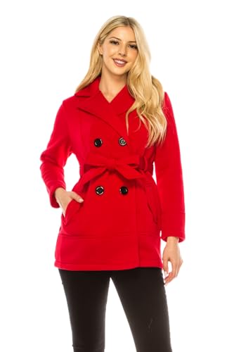 Image of unik women premium quality double breasted fleece pea coat with tying belt