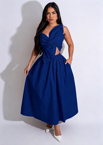 Image of YUEWOO Midi Dresses for Women Casual Summer Sundresses Vacation Outfits Spaghetti Strap Smocked Women Maxi Dress with Pockets