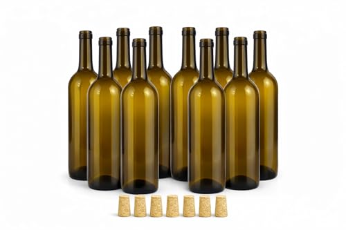 Taninea Botellas Vacías para Vino de Cristal Ámbar 750 ml con Corcho Cónico Natural – Pack 12 – Tipo Bordelesa – Reutilizables para Vino Casero, Licores, Aceites y Vinagres – También Pack 6 y 24