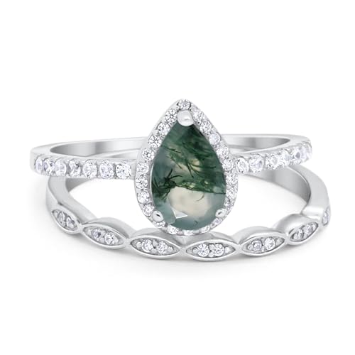 OMRANII Art Deco Two Piece Pear Teardrop Natural Green Moss Agate Vintage Style Halo CZ Wedding Set Engagement Bridal Ring 925 Sterling Silver