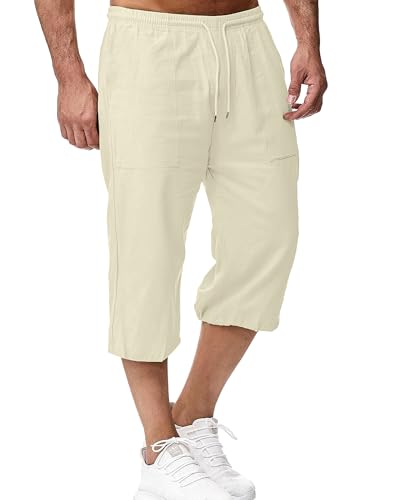 LVCBL Herren 3/4 Shorts Leinen mit Kordelzug Home Wear Beige L