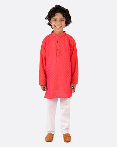 Image of superminis Baby Boys Traditional Ethnic Wear Handloom Cotton Solid Pattern Kurta With White Pyjama Set