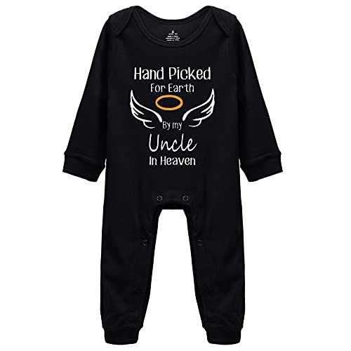 Hand Picked for Earth by My Uncle in Heaven Unisex-Baby Black Long Sleeve Rompers 0-3 Months