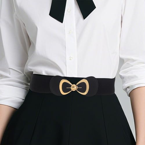 Women's Elastic Stretch Belt, Black with Gold Bow Buckle, Wide Waist Cinch Belt for Dresses4