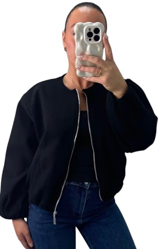 Womens Balloon Sleeve Zipper Bomber Jacket, Ladies Lightweight Stylish Zip-Up Coat for Casual Elegant Outfits (Black, 8-14)