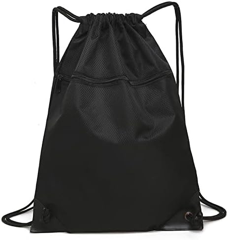 DDSHUN Drawstring Bags Gym Backpack String Bag Swim PE Bag Waterproof Drawstring Bags with Outside Zipper Suitable for Sports, School, Gym, Travel, Swimming for Kids,Boys,Girls - Black
