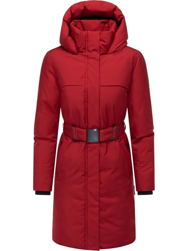 Navahoo Damen Wintermantel warmer Parka mit Gürtel und gefütterter Kapuze Gipfelspass XIV Dark Red Gr. L