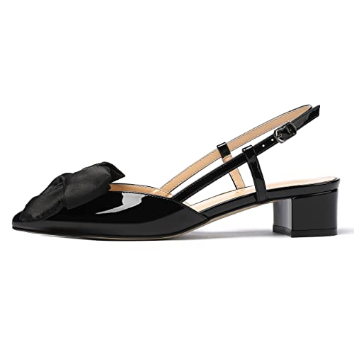 WAYDERNS Women's Bow Buckle Pointed Toe Slingback Patent Chunky Low Heel Pumps Shoes 1.5 Inch2