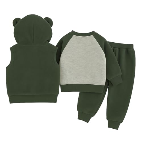 Image of Bold N Elegant Cotton Blend Cute Cartoon Bear Graphics Winter Warm Sweatshirt Hood Jacket And Jogger Pant 3 Pc Layering Clothing Set For Infant Toddler Kids