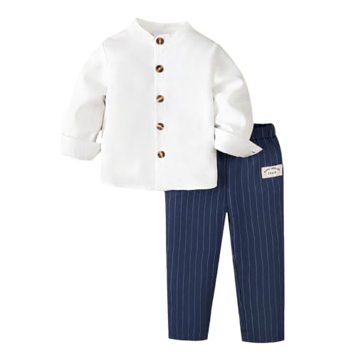 #ColaboraciónPagada<br>Conjunto Niño Pequeño Camisa Abotonada Pantalones a Rayas 2 Pcs Trajes Ropa