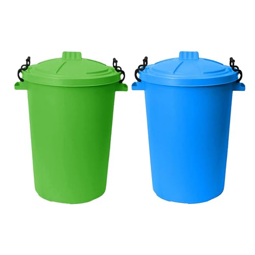 [SET OF 2] - 50 Litre LIME GREEN + SKY BLUE Colour Heavy Duty Plastic Bin Storage Unit with Locking Lid Rubbish Waste Animal Feed Bin For Kitchen Garden Office - Made In UK