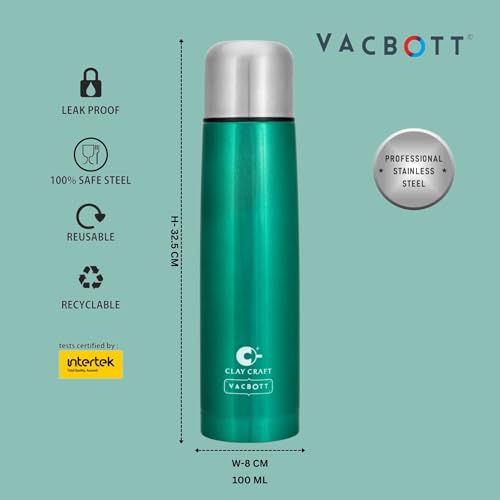 Image of Clay Craft VACBOTT Terra Double Walled 18 Hours Hot and 24 Hours Cold Water Bottle-1000ML, 2-Piece(Green) Leak Proof|Easy to Carry|Gym Bottle|Home|Kitchen|Hiking|Travel Bottle|BIS Certified