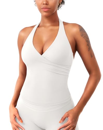 YEOREO Womens Halter Tank Tops Workout Impact Longline Strappy Top Padded Deep V Neck Wrap Gym Backless Bra Camisole