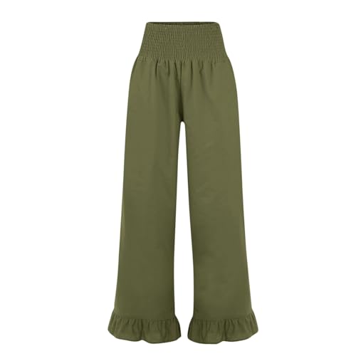 Image of Women Linen Pants Dressy Casual Summer Boho Ruffle Hem Wide Leg Cropped Pants Smocked High Waisted Palazzo Pant