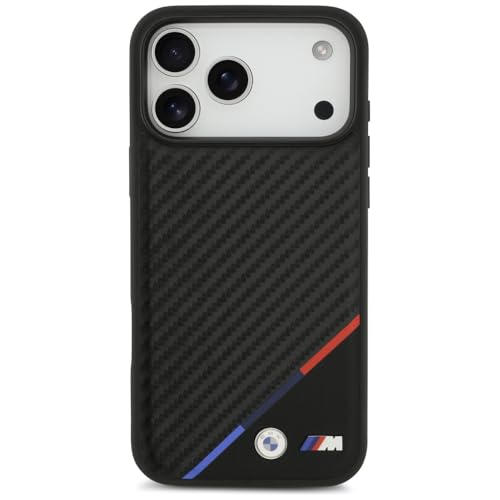 Image of CG MOBILE BMW [Official Licensed] Protective Case Designed for iPhone 17 Pro Max |Magnetic Compatible|M Collection|Pu Leather Case Carbon & Tricolor Stripe with Metal Logos -Black