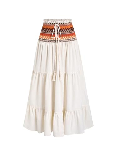 Women's Boho Tribal Maxi Skirt Drawstring Elastic Waist A Line Vacation Long Flowy Skirt