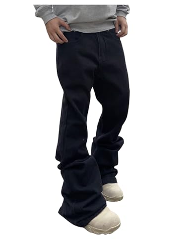 VIPWOLF Men's Stacked Flared Jeans Casual Bell Bottom Denim Pants with Pockets Streetwear Black Small