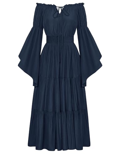 Damen Renaissance Corsagenkleid Schulterfrei mit Tasche Flowy Swing Ballkleid Dunkelblau M