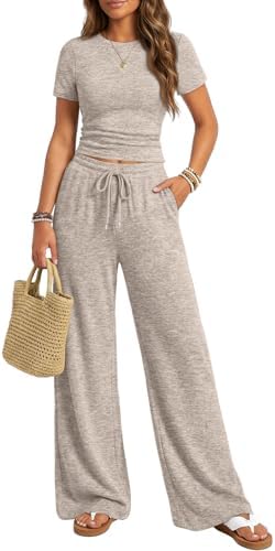 Trendy Queen Womens 2 Piece Lounge Matching Sets Wide Leg Pants Crew Neck Short Sleeve Shirt Sweatsuits