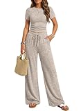 Trendy Queen Womens Lounge Two 2 Piece Sets Summer Spring 2026 Airport Outfits Travel Matching Sweatsuit Sweat Suit Workout Cruise Clothes Vacation Loungewear Pajamas Fashion Holiday Khaki M