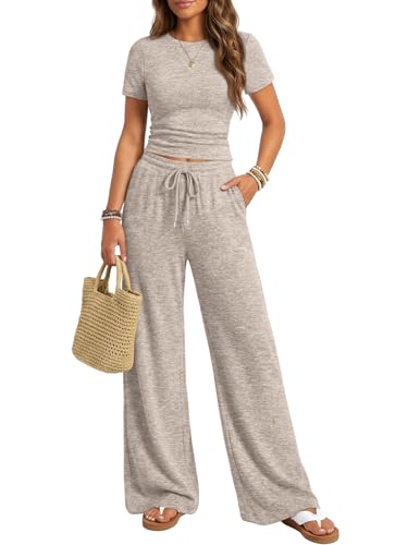 Trendy Queen Womens Lounge Two 2 Piece Sets Summer Spring 2026 Airport Outfits Travel Matching Sweatsuit Sweat Suit Workout Cruise Clothes Vacation Loungewear Pajamas Fashion Holiday Khaki M