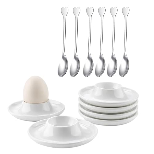 PjuQow 6 Eierablagen aus Kunststoff + 6 Löffel, bruchsichere Eierbecher in Lebensmittelqualität, weiße Eierhalter, Küchenartikel, Geschenke für Kinder & Camping