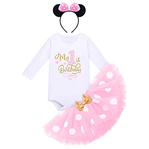 Bébés Filles 1er Anniversaire Tutu Set Costume de Minnie Mouse Manche Longue Body Barboteuse Jupe Tutu à Pois Oreille Bandeau 1 an Fête Vêtements Premier Anniversaire Tenue Photographie Rose
