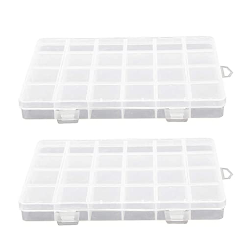 Juvielich 2PCS Clear Plastic Organizer Box, 24 Fixed Grids Storage Container, Jewelry Box for Beads Art DIY Crafts Jewelry Fishing Tackles, 7.56