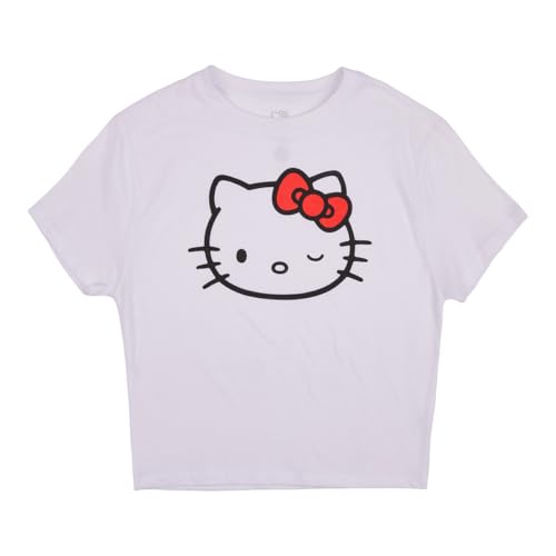 Hello Kitty Face Outline Crew Neck Short Sleeve Women's White Super Crop Baby Tee2
