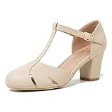 Peijely Womens T Strap Mary Jane Shoes Chunky Block Heel Cut Out Ankle Strap Buckle Dress Dance Pumps Matte Nude 38 - US 7