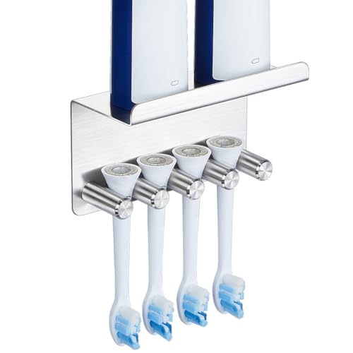 Electric Toothbrush Head Holder Wall Mounted, Stainless Steel Self-Adhesive Toothbrush Holders with Shelf Toothpaste Holder Organizer Shower Brush Holder for Bathroom