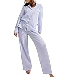 codcm Womens Muslin Pajamas Set Cotton Gauze Pj Set Long Sleeve Button Down Sleepwear Soft Pj Lounge Sets(Light Blue,Medium)