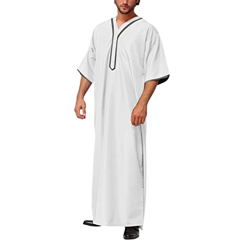 Mens Kaftan Robe Short Sleeve V Neck Muslim Dress Solid Loose Fit Button Kaftan Muslim Long Gown with Pocket Thobe