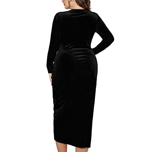 TINSTREE Womens Plus Size Long Sleeve Velvet Bodycon Dresses Sexy Ruched Wrap Deep V Neck Party Cocktail Dress4