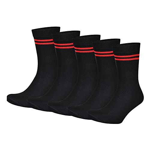 Image of Black with Red Stripes Calf Length Cotton School Socks For Boys & Girls (Pack of 5 Pairs)