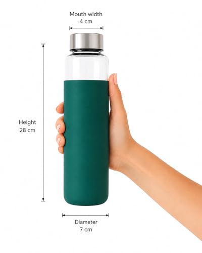 Image of Borosilicate Glass Water Bottle with Silicone Cover | 1 Litre 1000ml | Thermal Shock Resistant | Leakproof Steel Cap | BPA Free | Home Office Gym Fridge