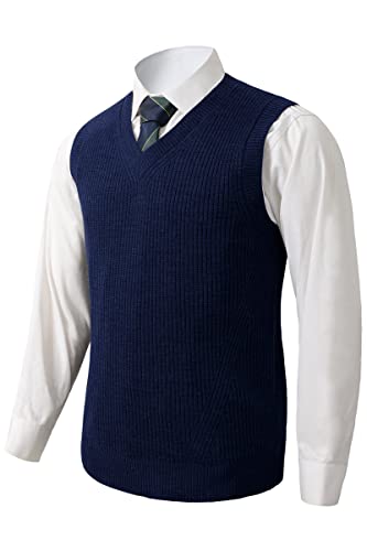 Mens V-Neck Knitted Sweater Vest Solid Plain Sleeveless Pullover Knitwear Loose Fit All Match Sweater Tops_Dark Blue_Small #TOP12