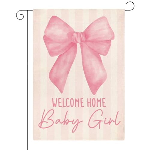 Welcome Home Baby Girl Garden Flag for Yard Outside Pink Bow Baby Shower Announcement Gender Reveal Newborn Baby Double Sided Garden Flag 12 x18 inches