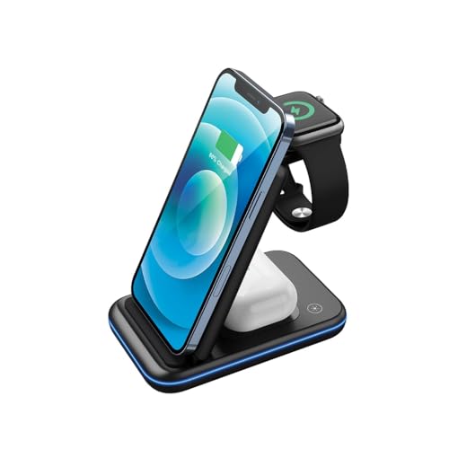Carregador por Indução Sem Fio 3 em 1 Turbo com Led de Toque para Iphone Airpods Apple Watch Base de